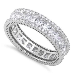New Sterling Silver Eternity Princess Cut CZ Band Ring